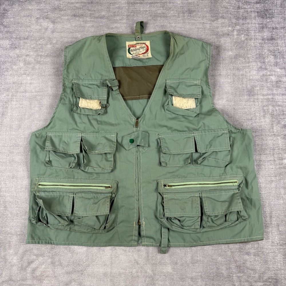 World Famous Fishing Vest Mens Large Green Vtg 1970s Sanforized Utility Safari